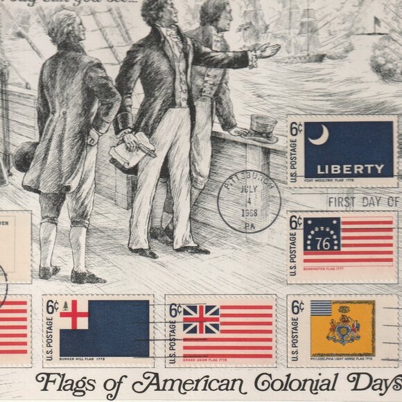 FLAGS OF AMERICAN COLONIAL DAYS,FIRST EDITION STAMPS - Picture 1 of 3